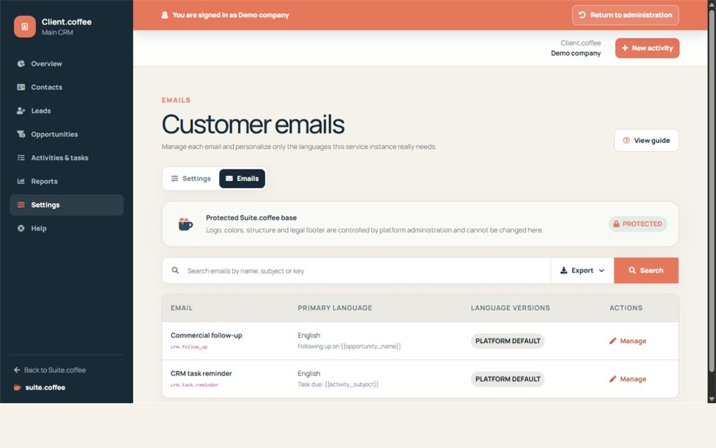 Client email template list with operational event, primary language and customisation status.
