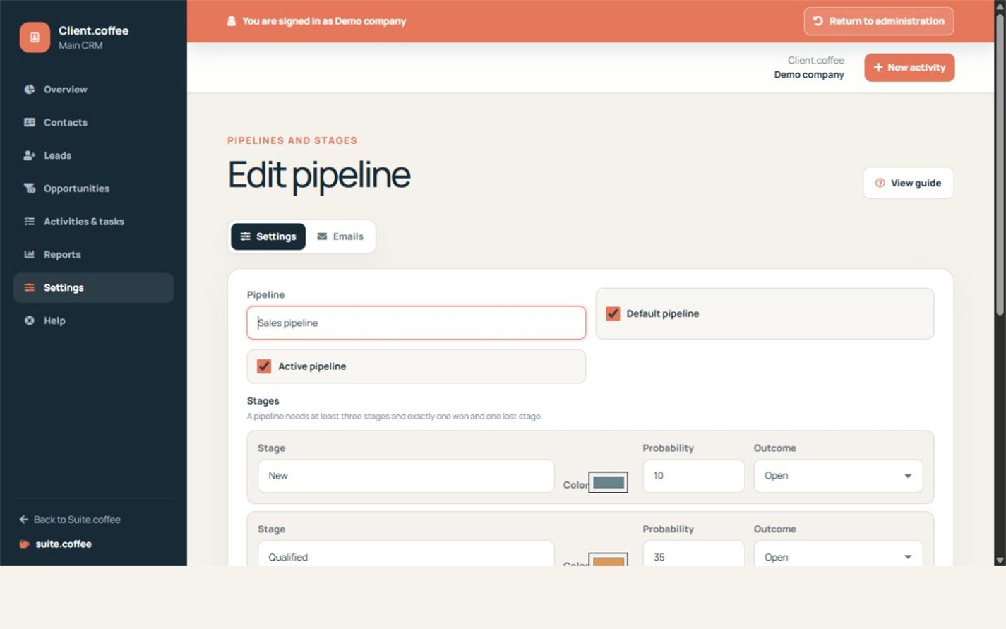 Client pipeline editor with ordered stages, probabilities, colours and outcomes.