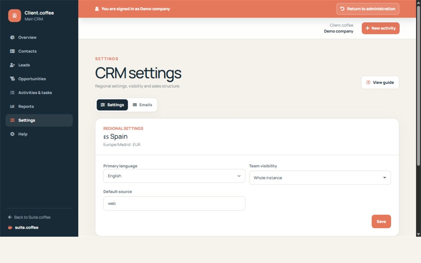 Client settings with language, visibility, lead source and commercial pipelines.