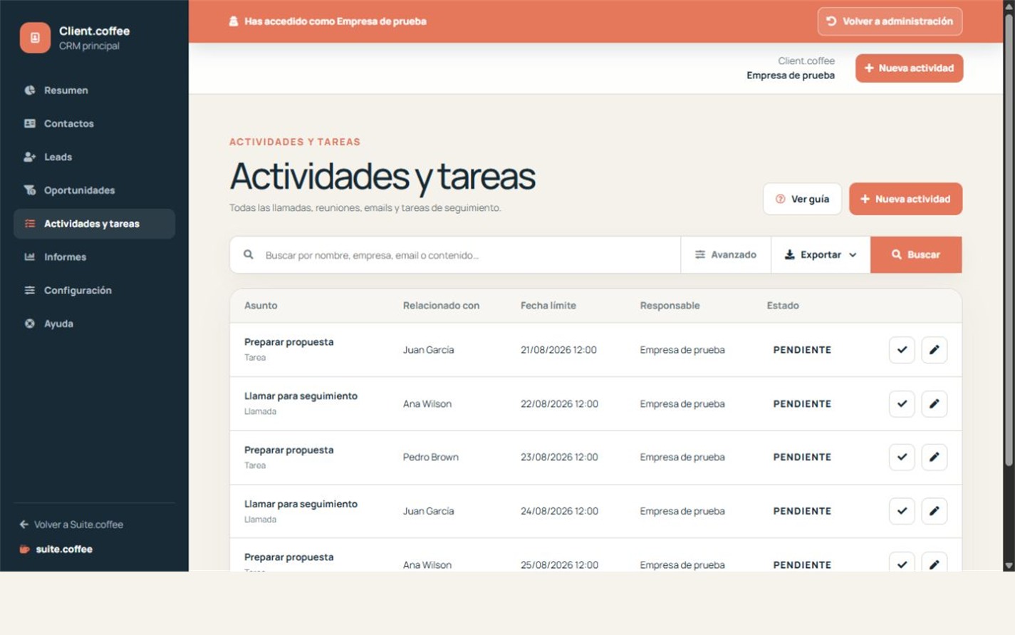 Listado de actividades de Client con asunto, relación, fecha, responsable y estado.