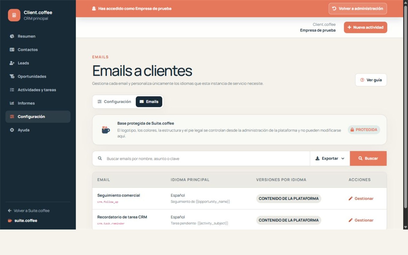 Listado de plantillas de email de Client con evento, idioma y personalización.