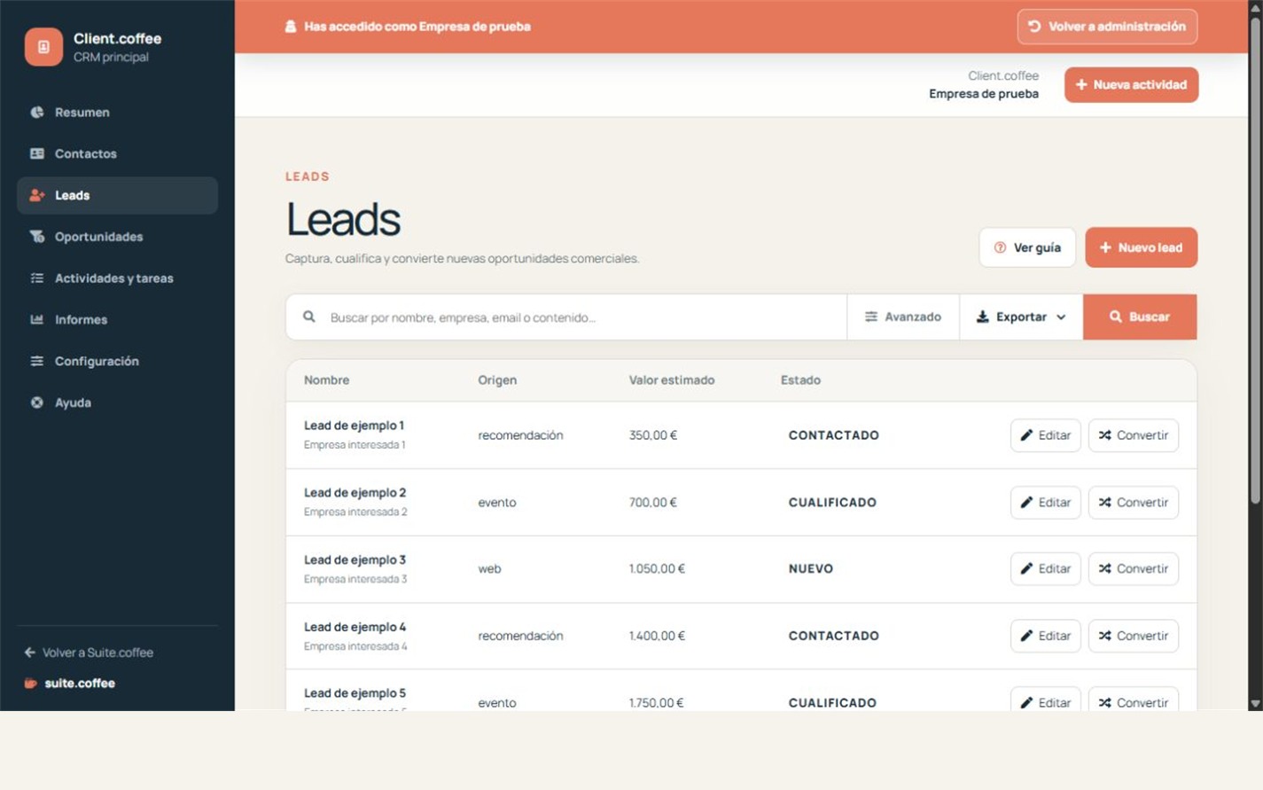 Listado de leads de Client con origen, valor, estado y acciones de conversión.