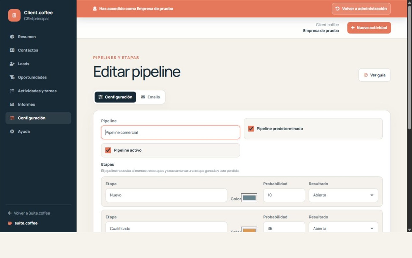 Editor de pipelines con etapas, probabilidades, colores y resultados.