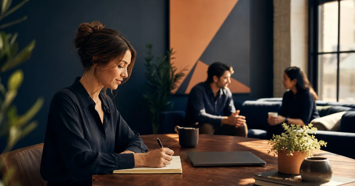 Equipo pequeño revisando notas de clientes y próximas acciones asignadas